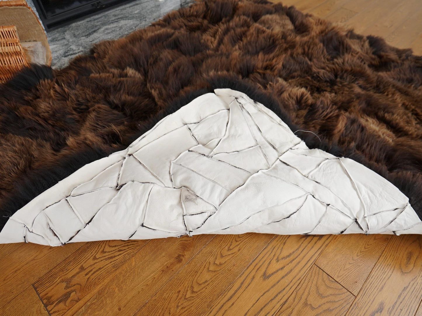 Natural Brown Sheepskin Rug 80 x 65 in, Genuine Long Wool Patchwork Area Rug, Large Sheep Skin Throw for Sofa, Chair or Floor Decor