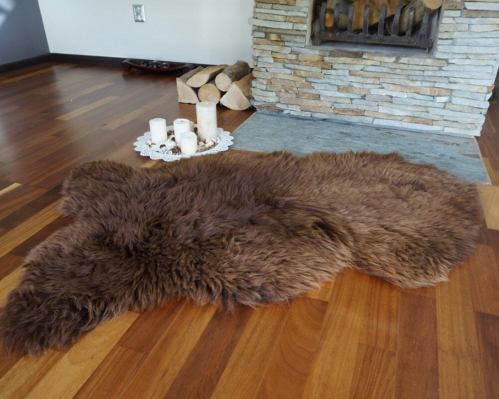 SHEEPSKIN Brown Throw Genuine leather Sheep Skin Decorative rug brown comfy, cozy, hair is very thick, shiny, 48"/ 30"