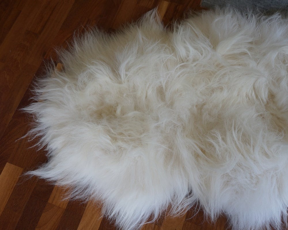 GIANT Double SHEEPSKIN Icelandic White Cream Throw Genuine leather Sheep Skin 79" x 36"Decorative rug White comfy, cozy, hair is thick