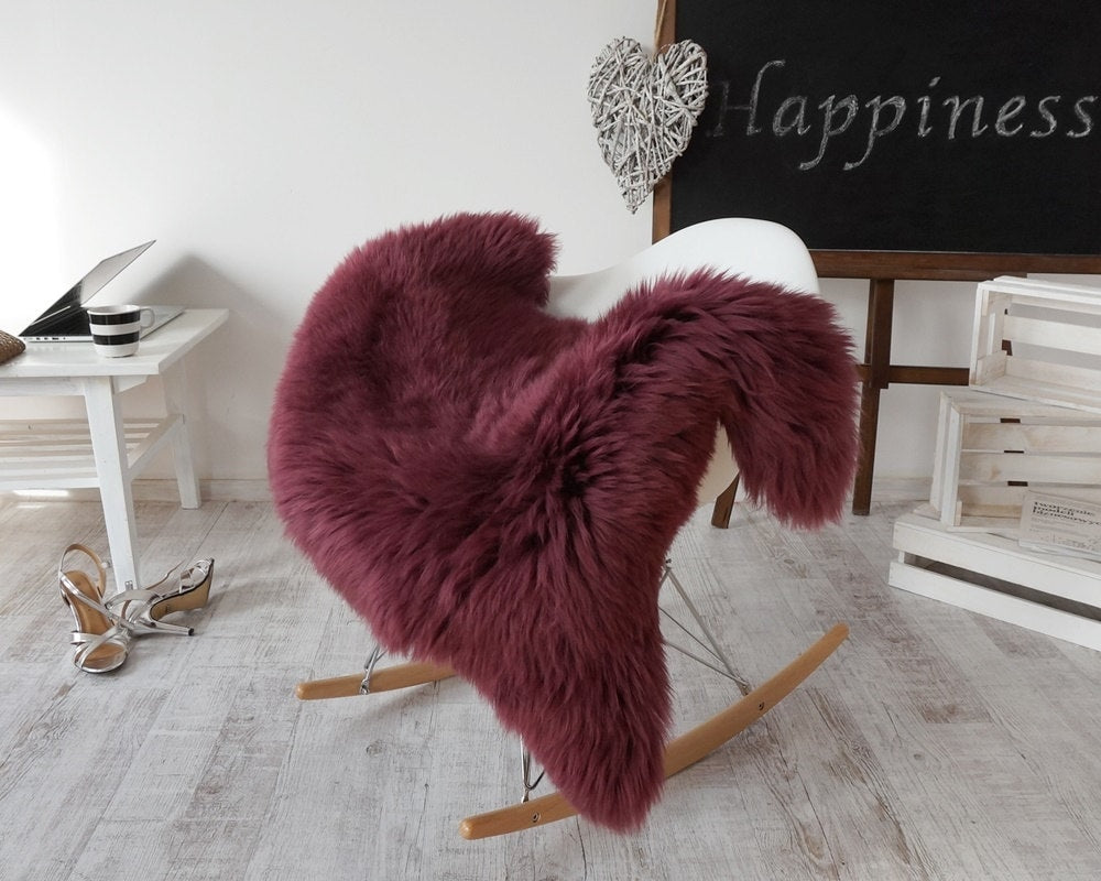 Regular SHEEPSKIN BURGUNDY Throw Genuine leather Sheep Skin 48 " x 28" Decorative rug Natural comfy, cozy, shiny !