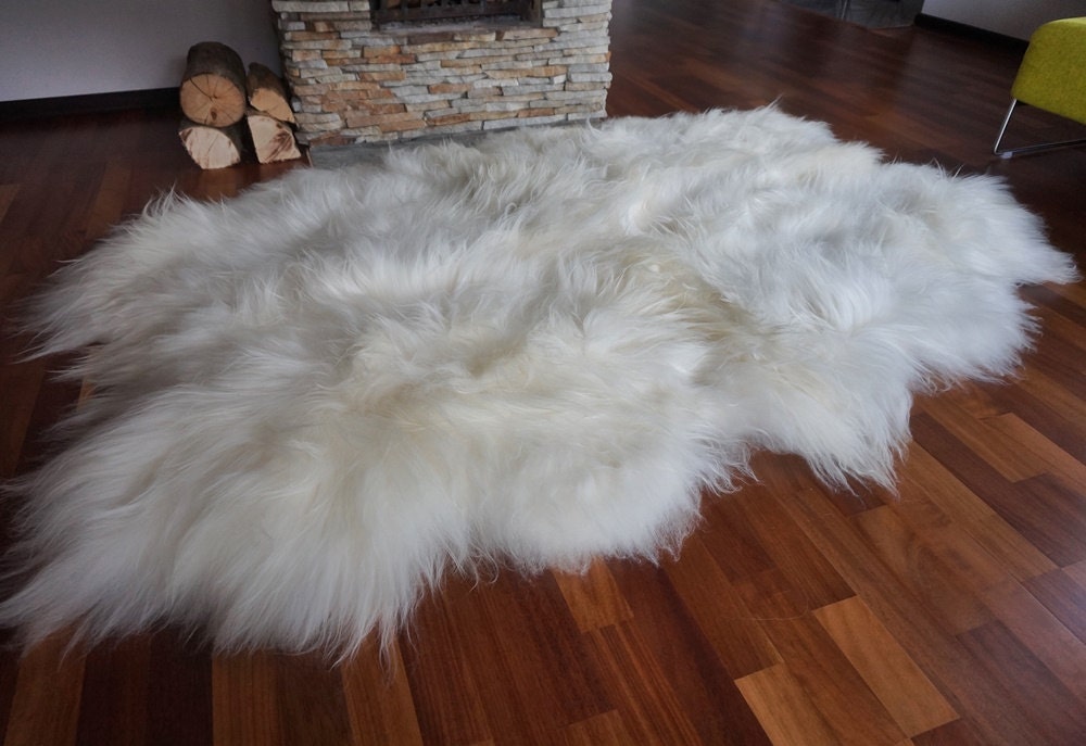GIANT Four SHEEPSKIN Icelandic White Cream Throw Genuine leather Sheep Skin 79" x 56" Decorative rug White comfy, cozy, hair is thick