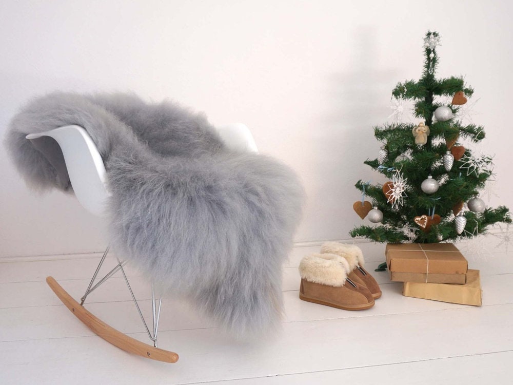 Sheepskin Icelandic Bright Grey X Throw Genuine leather sheep skin Decorative rug grey comfy, cozy, hair is very thick, shiny