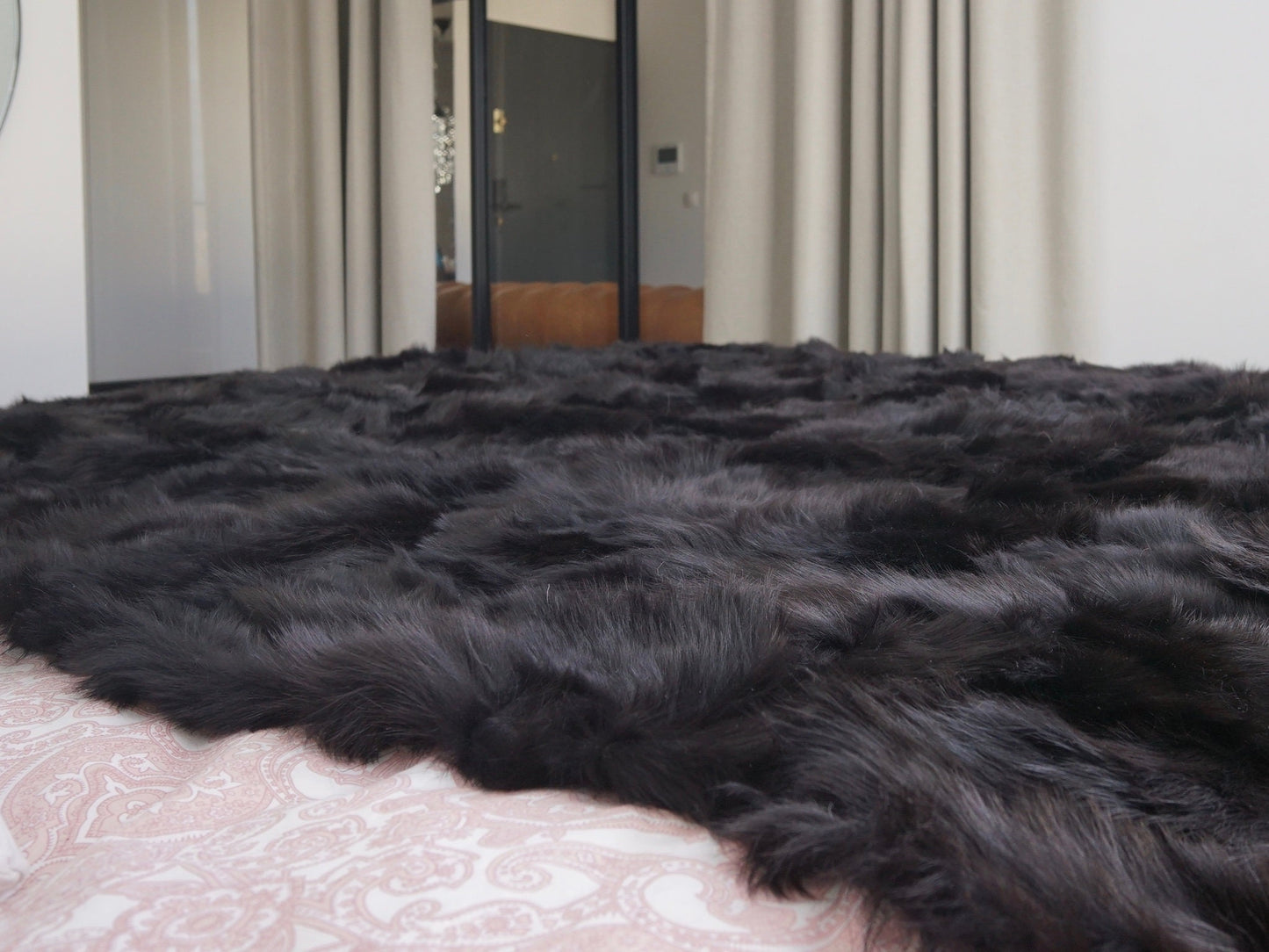 Genuine Toscana Lamb Sheepskin Throw Blanket Rug Black Bed Spread Sofa Throw Rug Black Rug Large Rug