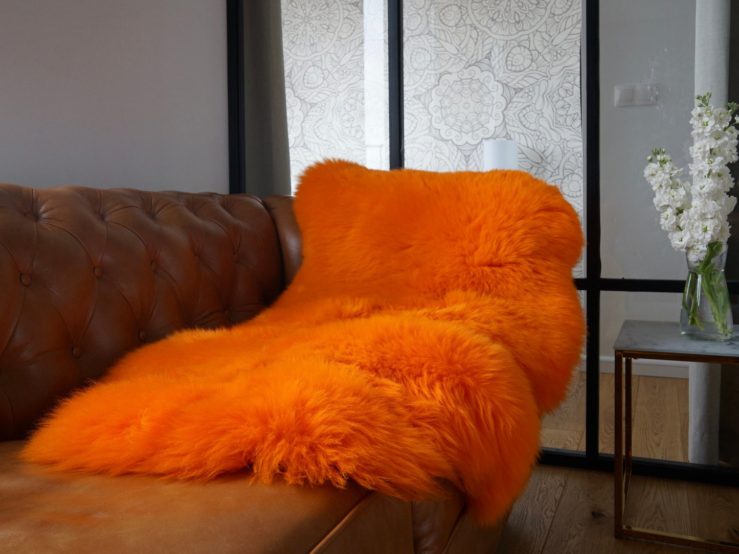 SHEEPSKIN Orange Throw Genuine leather Sheep Skin Decorative rug orange comfy, cozy, hair is very thick, shiny !