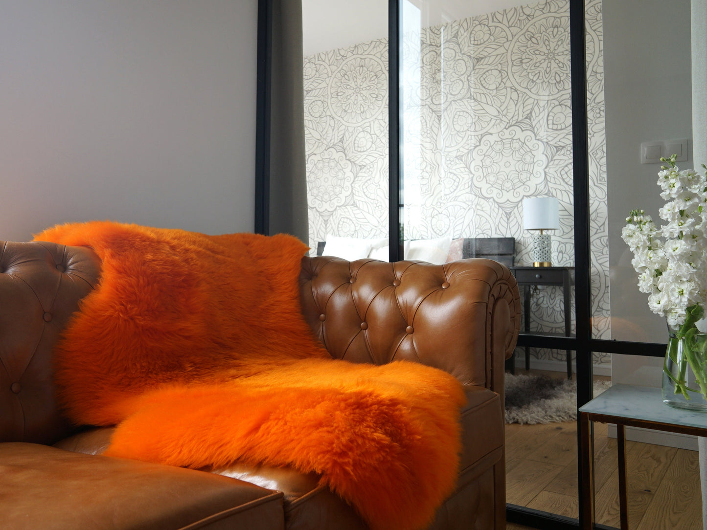 SHEEPSKIN Orange Throw Genuine leather Sheep Skin Decorative rug borange comfy, cozy, hair is very thick, shiny !
