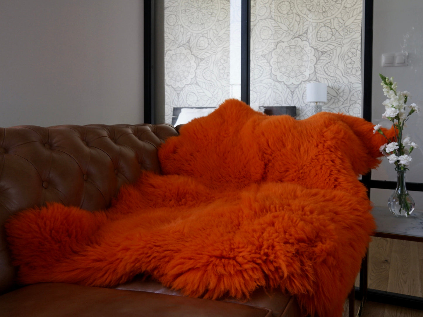 GIANT SHEEPSKIN Double Orange Throw Genuine leather Sheep Skin 50" x 50" Decorative rug Natural comfy, cozy, hair is very thick, shiny