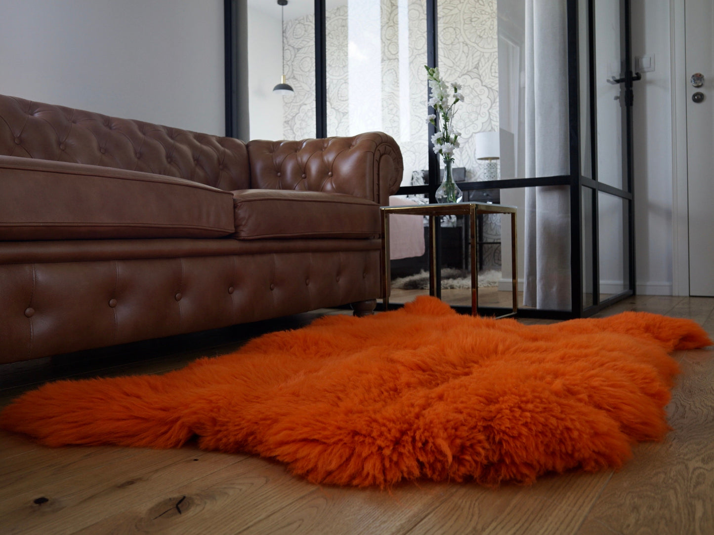 GIANT SHEEPSKIN Double Orange Throw Genuine leather Sheep Skin 50" x 50" Decorative rug Natural comfy, cozy, hair is very thick, shiny