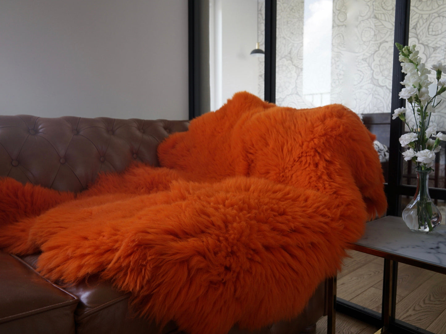 GIANT SHEEPSKIN Double Orange Throw Genuine leather Sheep Skin 50" x 50" Decorative rug Natural comfy, cozy, hair is very thick, shiny
