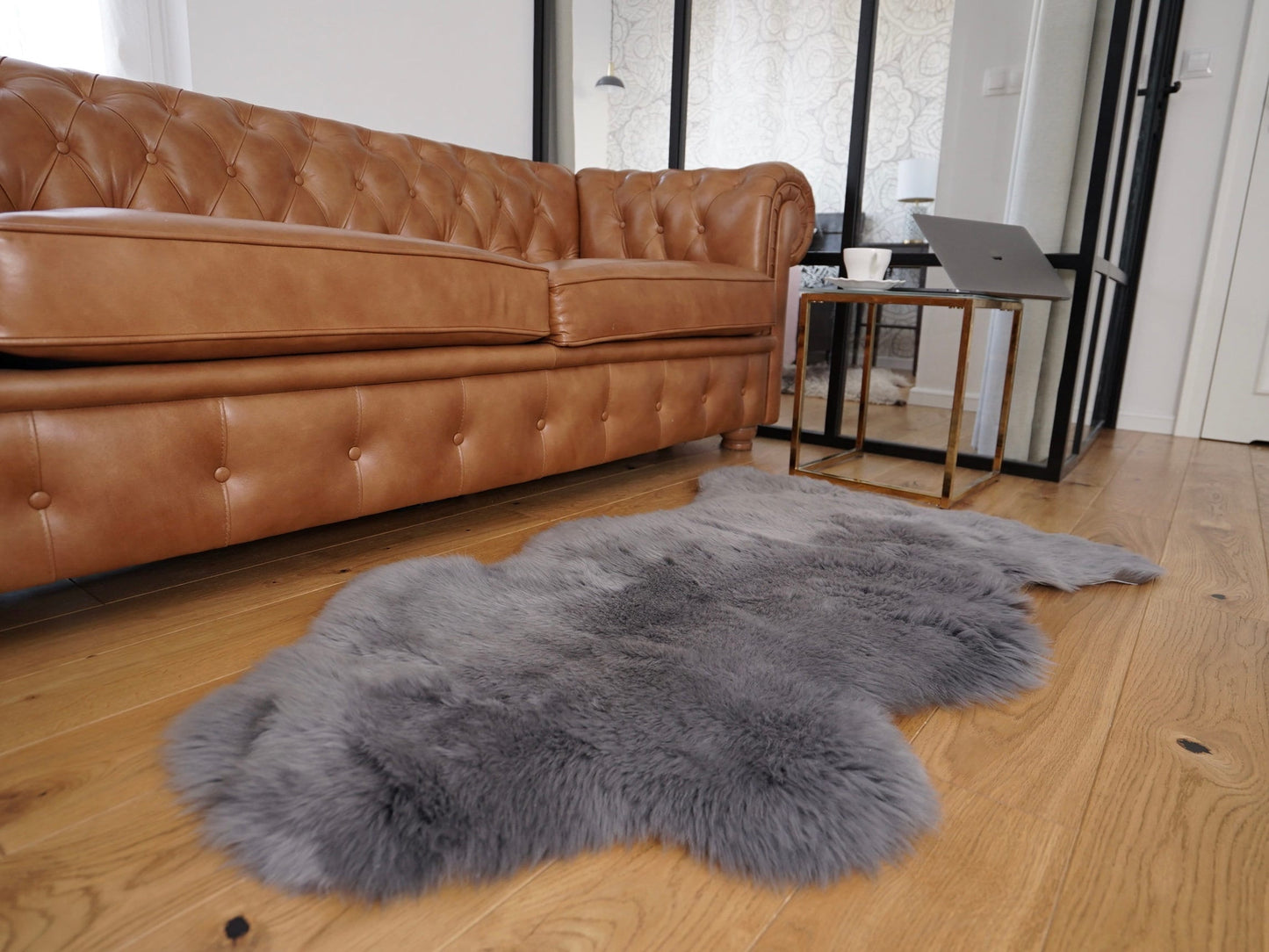 SHEEPSKIN Grey Throw Genuine leather Sheep Skin Decorative rug, Gray comfy, cozy, hair is very thick, shiny,scandinavian rug !