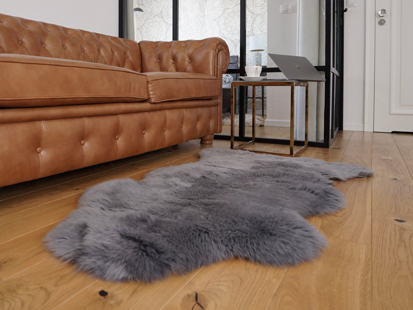 SHEEPSKIN Grey Throw Genuine leather Sheep Skin Decorative rug, Gray comfy, cozy, hair is very thick, shiny,scandinavian rug !