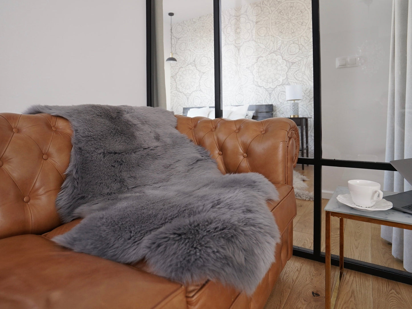 SHEEPSKIN Grey Throw Genuine leather Sheep Skin Decorative rug, Gray comfy, cozy, hair is very thick, shiny,scandinavian rug !