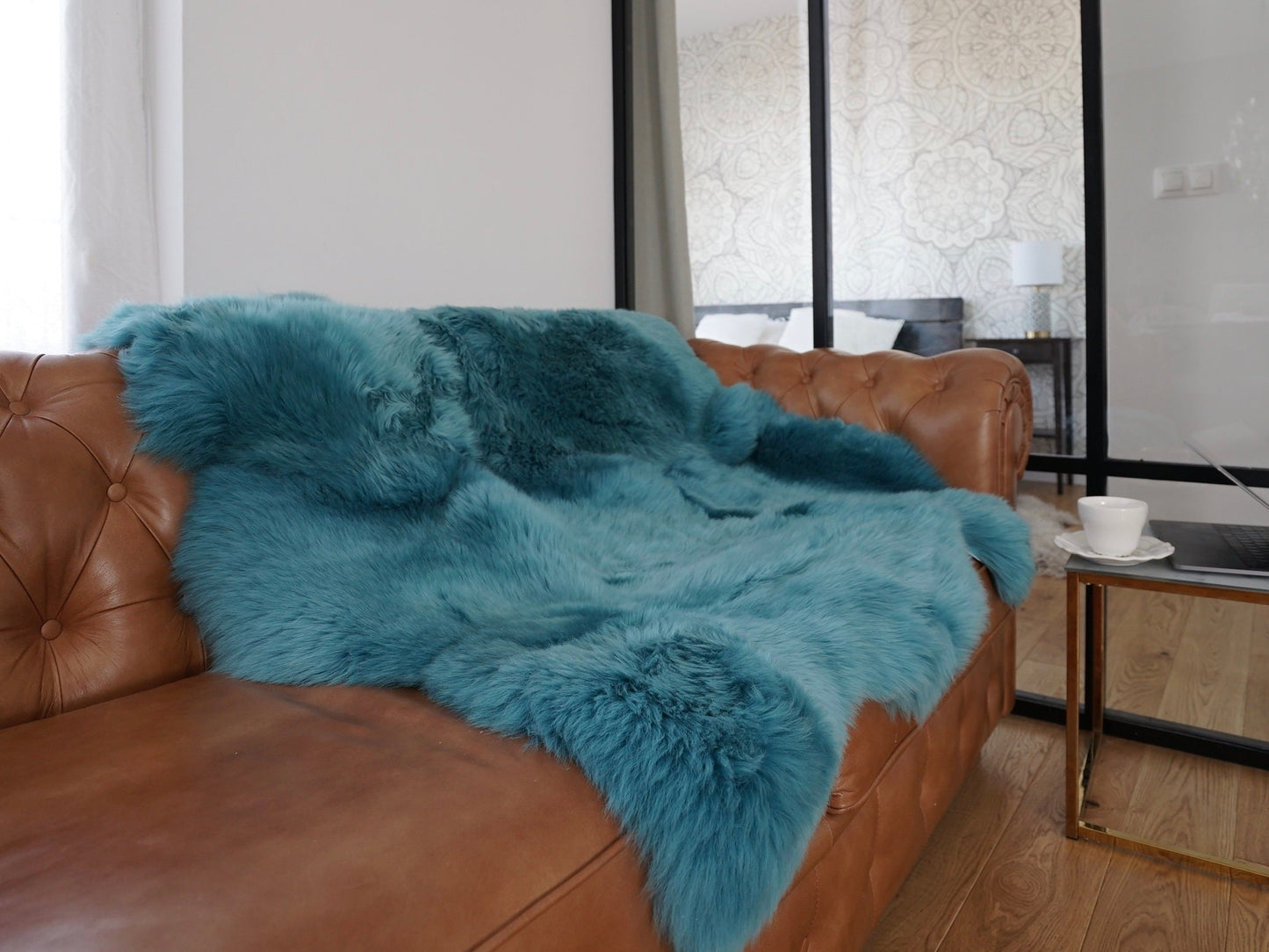GIANT SHEEPSKIN Double Aqua Blue Throw Genuine leather Sheep Skin 50" x 50" Decorative rug Natural cozy, hair is very thick, shiny
