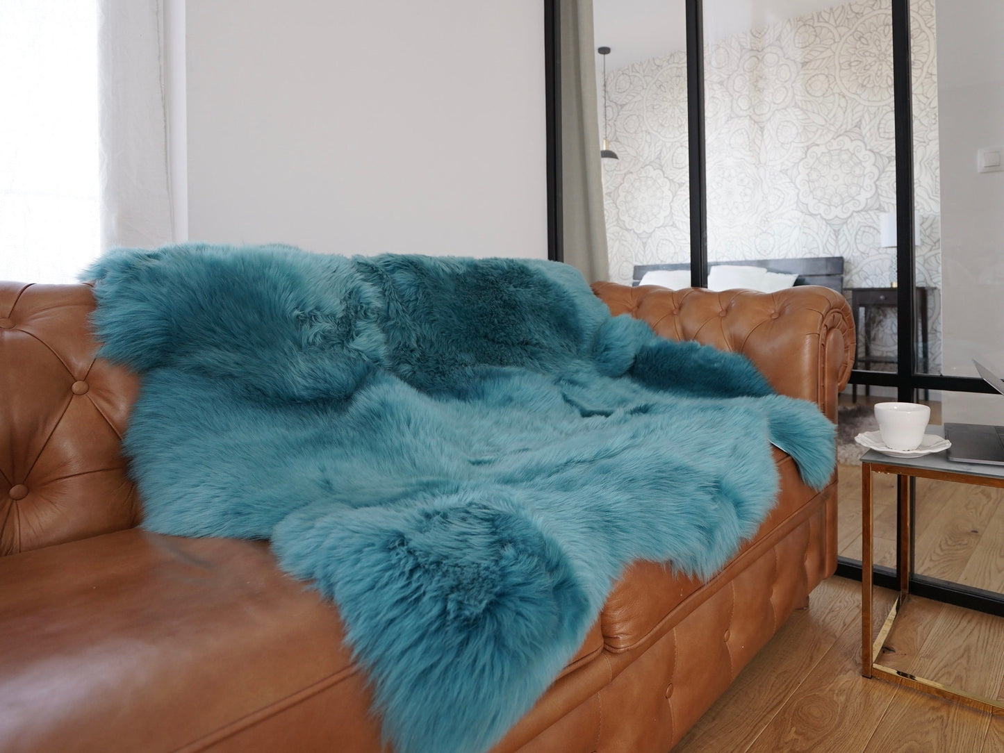 GIANT SHEEPSKIN Double Aqua Blue Throw Genuine leather Sheep Skin 50" x 50" Decorative rug Natural cozy, hair is very thick, shiny