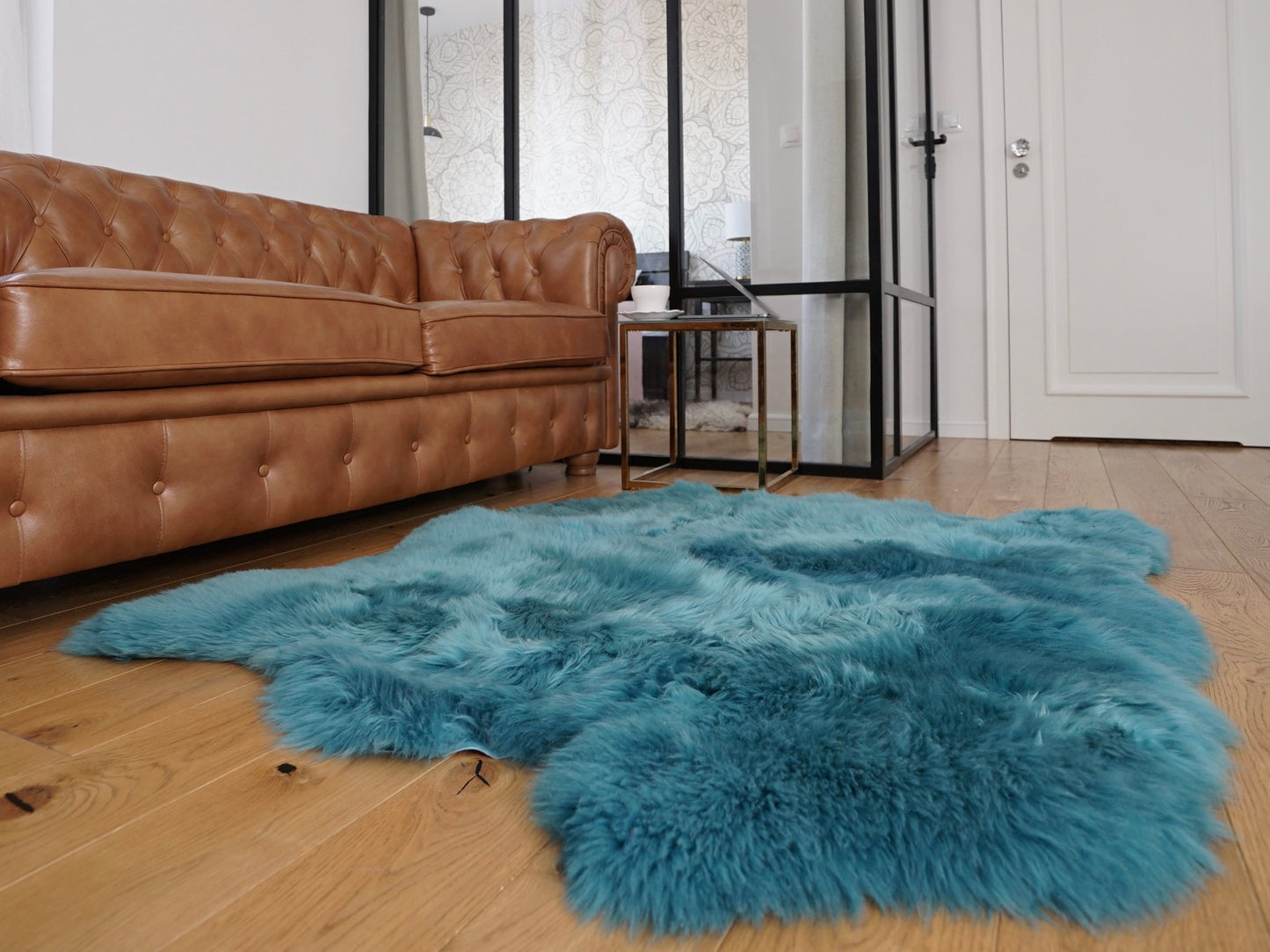 GIANT SHEEPSKIN Double Aqua Blue Throw Genuine leather Sheep Skin 50" x 50" Decorative rug Natural cozy, hair is very thick, shiny