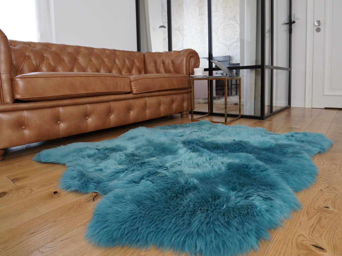 GIANT SHEEPSKIN Double Aqua Blue Throw Genuine leather Sheep Skin 50" x 50" Decorative rug Natural cozy, hair is very thick, shiny