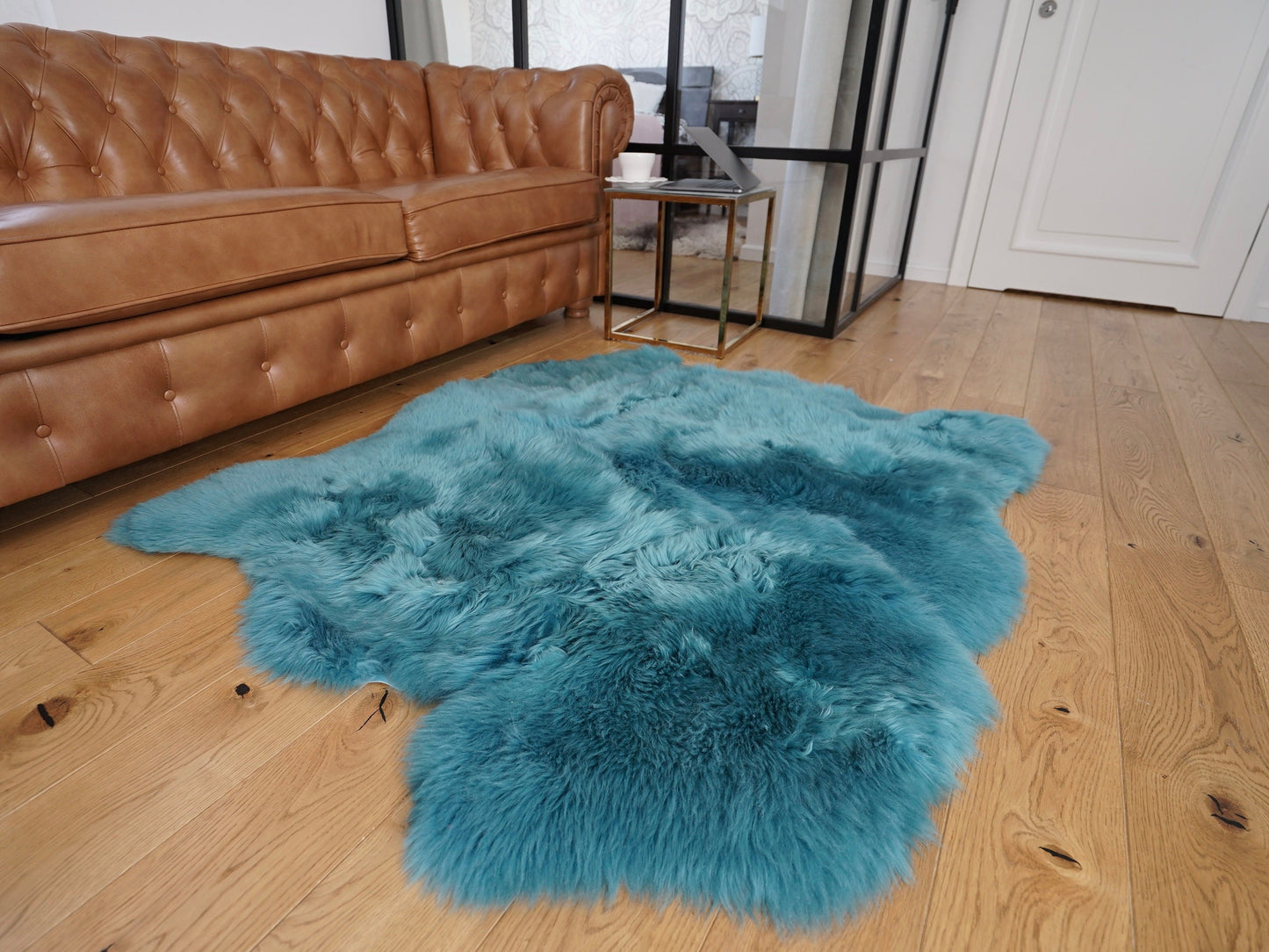 GIANT SHEEPSKIN Double Aqua Blue Throw Genuine leather Sheep Skin 50" x 50" Decorative rug Natural cozy, hair is very thick, shiny