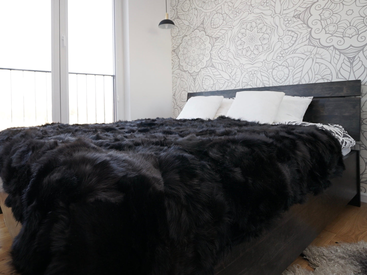 Genuine Toscana Lamb Sheepskin Throw Blanket Rug Black Bed Spread Sofa Throw Rug Black Rug Large Rug BL4