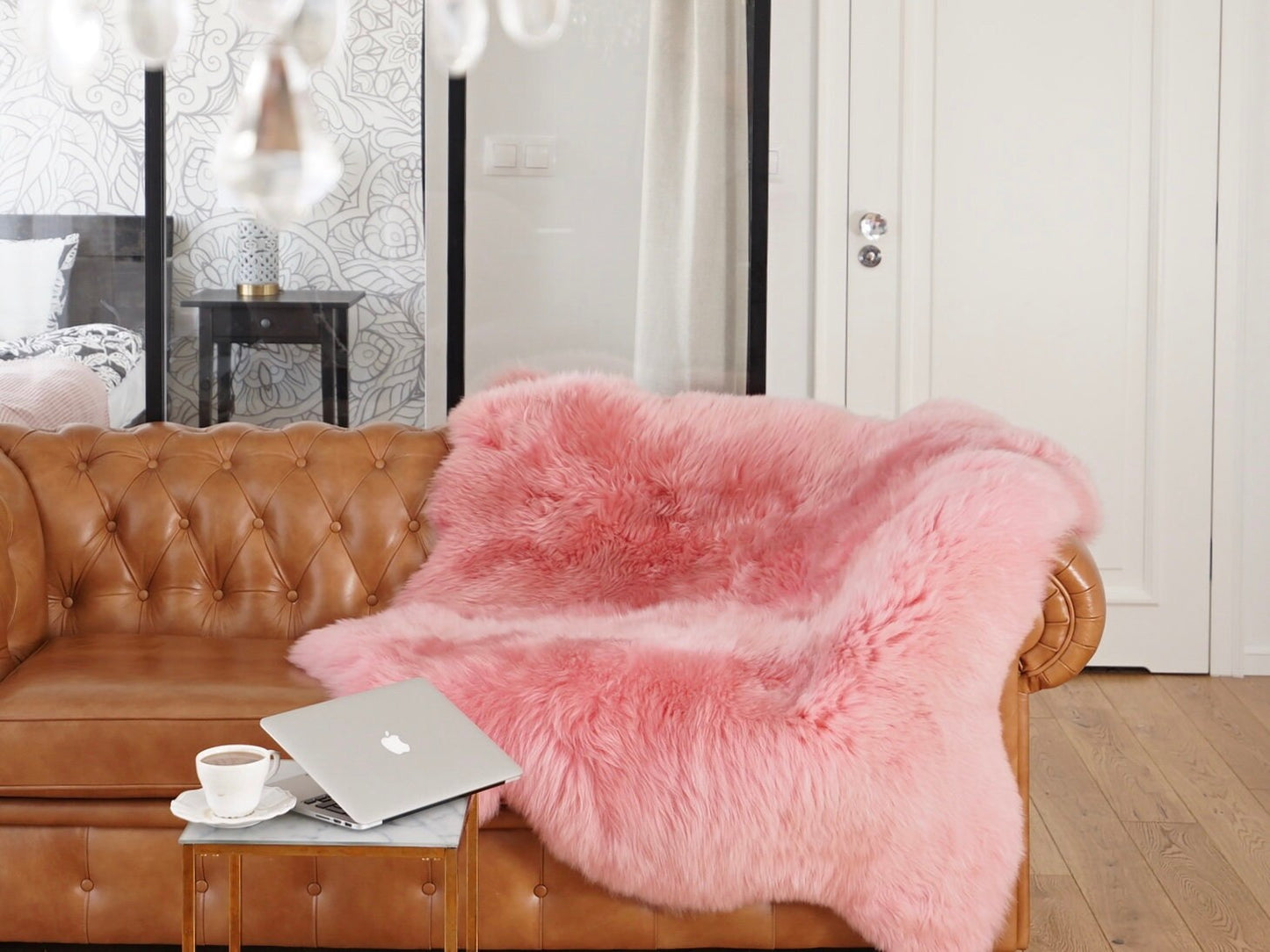 GIANT SHEEPSKIN Double Pink Throw Genuine leather Sheep Skin 50" x 50" Decorative rug Natural comfy, cozy, hair is very thick, shiny