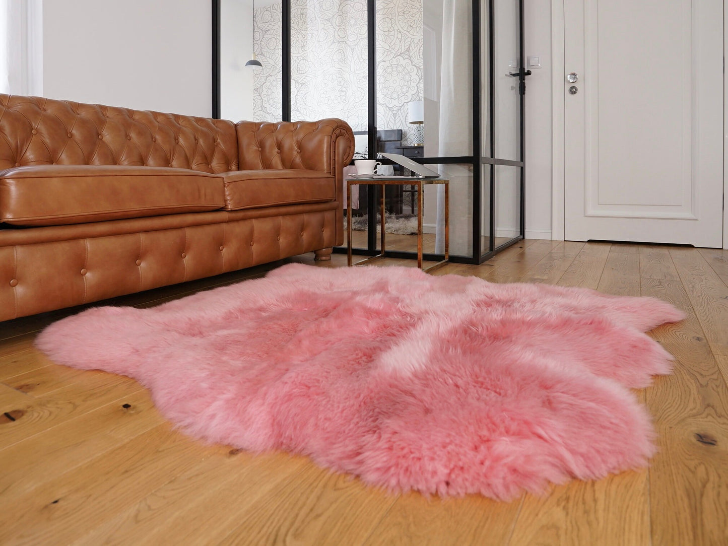 GIANT SHEEPSKIN Double Pink Throw Genuine leather Sheep Skin 50" x 50" Decorative rug Natural comfy, cozy, hair is very thick, shiny