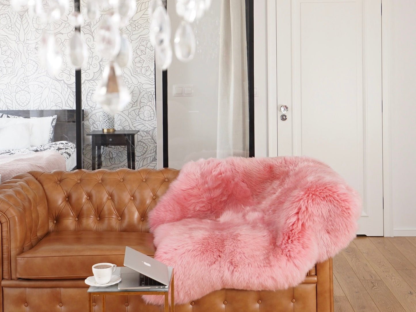 GIANT SHEEPSKIN Double Pink Throw Genuine leather Sheep Skin 50" x 50" Decorative rug Natural comfy, cozy, hair is very thick, shiny