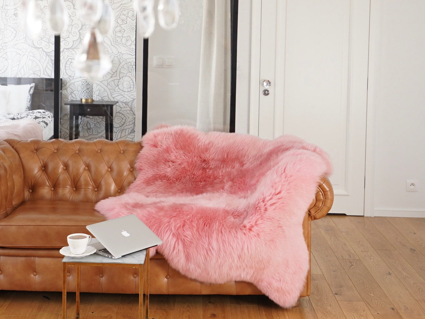 GIANT SHEEPSKIN Double Pink Throw Genuine leather Sheep Skin 50" x 50" Decorative rug Natural comfy, cozy, hair is very thick, shiny