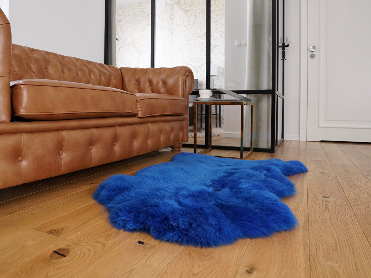 SHEEPSKIN Blue Throw Genuine leather Sheep Skin Decorative rug navy blue comfy, cozy, hair is very thick, shiny FB8 !