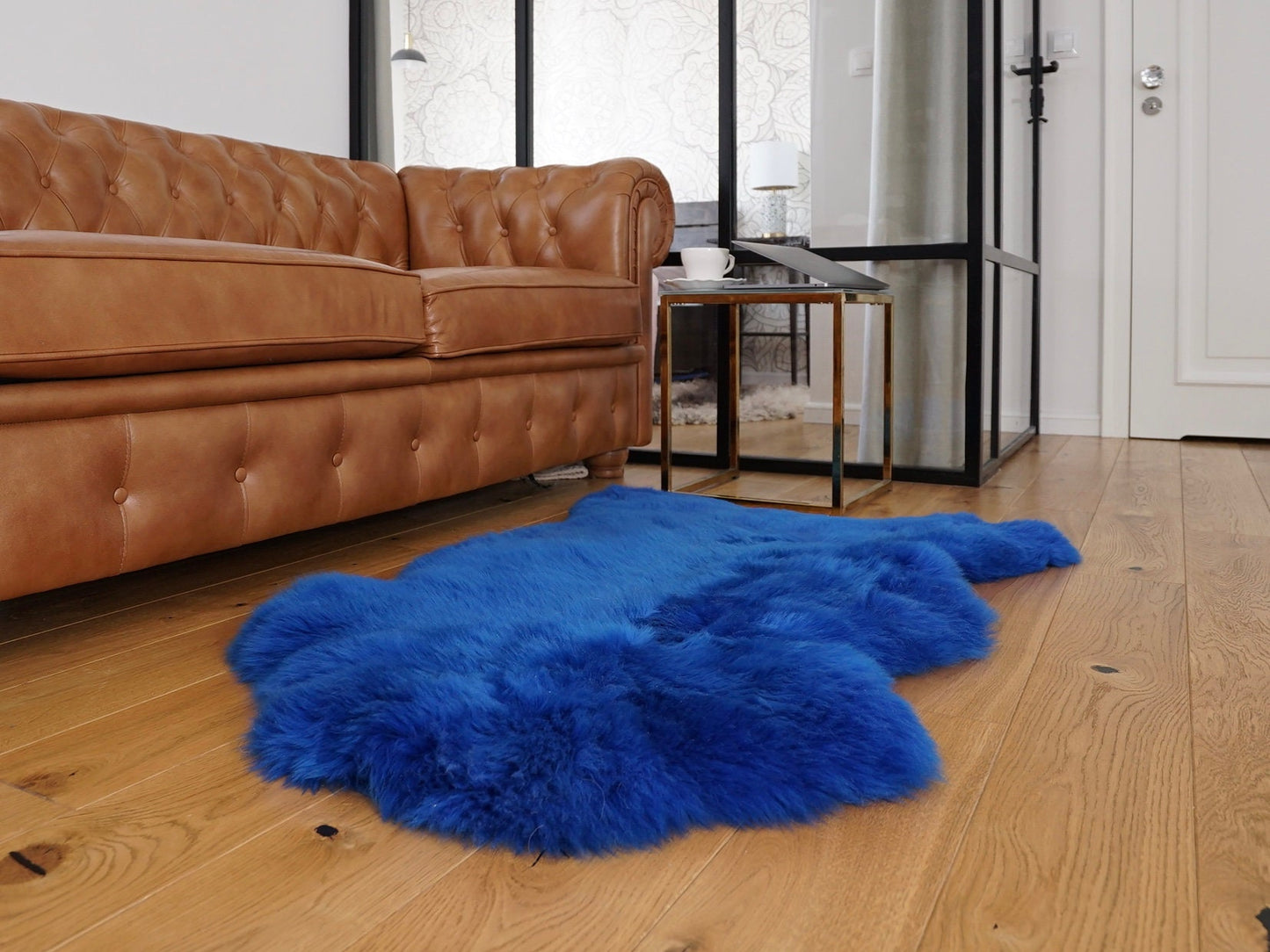 SHEEPSKIN Blue Throw Genuine leather Sheep Skin Decorative rug navy blue comfy, cozy, hair is very thick, shiny FB8 !