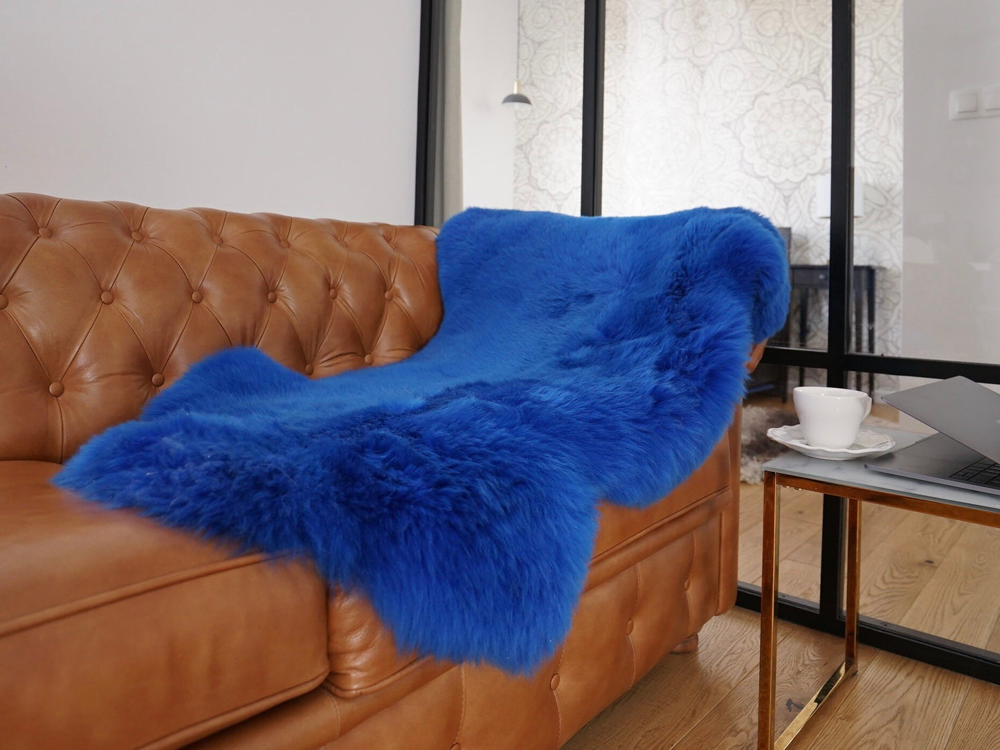 SHEEPSKIN Blue Throw Genuine leather Sheep Skin Decorative rug navy blue comfy, cozy, hair is very thick, shiny !