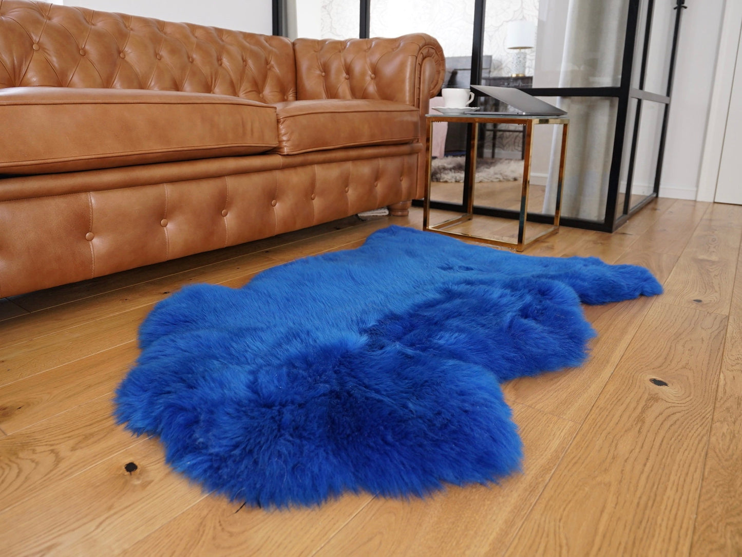 SHEEPSKIN Blue Throw Genuine leather Sheep Skin Decorative rug navy blue comfy, cozy, hair is very thick, shiny FB8 !