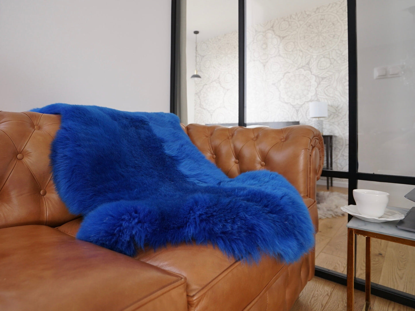 SHEEPSKIN Blue Throw Genuine leather Sheep Skin Decorative rug navy blue comfy, cozy, hair is very thick, shiny !
