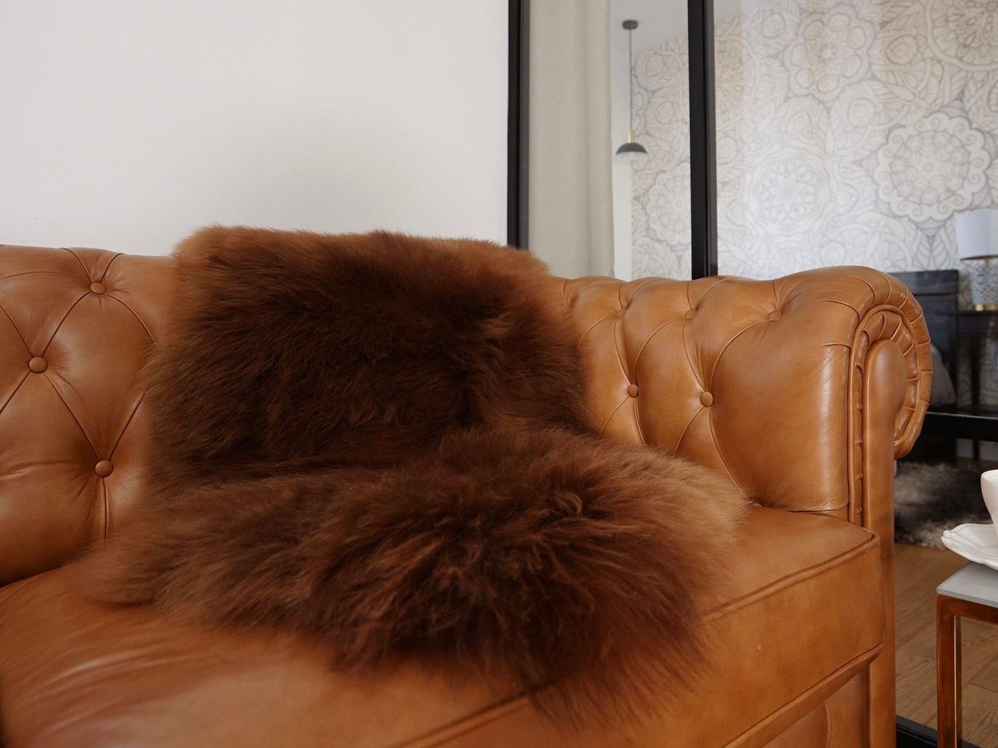 SHEEPSKIN Brown Throw Genuine BT2 leather Sheep Skin Decorative rug brown comfy, cozy, hair is very thick, shiny, 48"/ 26"