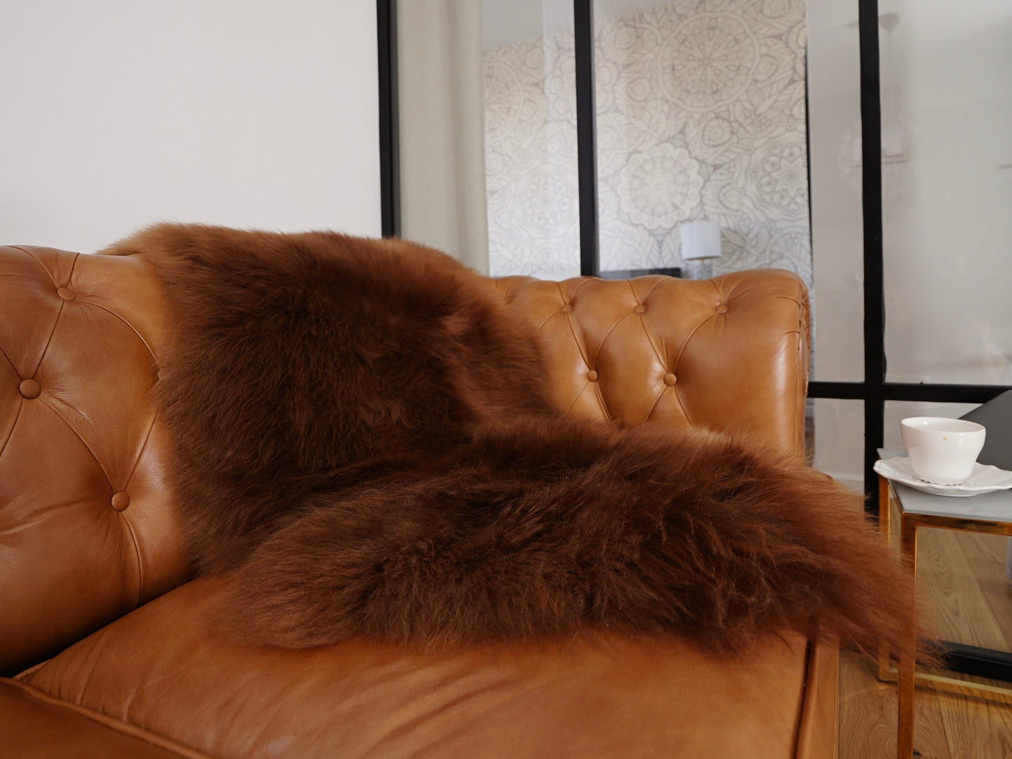 SHEEPSKIN Brown Throw Genuine BT2 leather Sheep Skin Decorative rug brown comfy, cozy, hair is very thick, shiny, 48"/ 26"