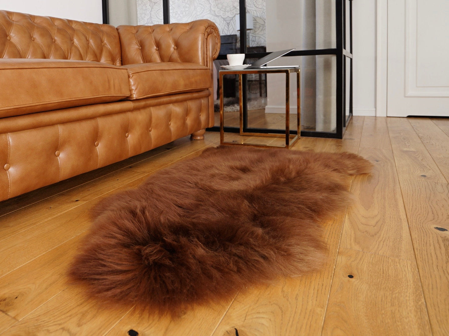 SHEEPSKIN Brown Throw Genuine BT2 leather Sheep Skin Decorative rug brown comfy, cozy, hair is very thick, shiny, 48"/ 26"