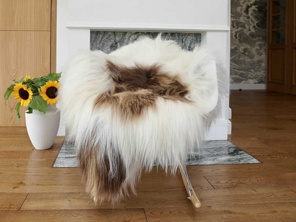 SHEEPSKIN WHITE & Brown Throw Natural color Genuine leather Sheep Skin 52"x 32" Decorative rug XF10 Natural comfy, cozy, very thick, shiny