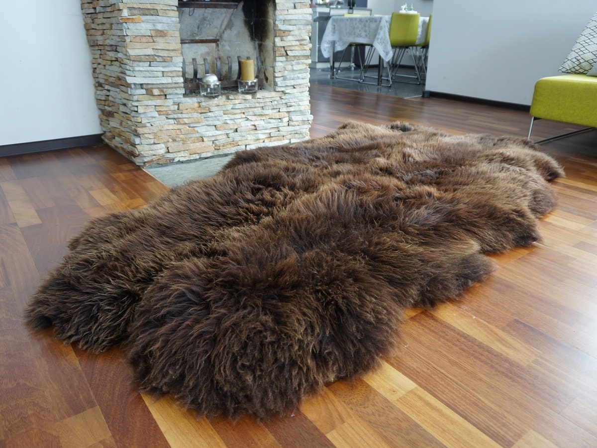 Brown Sheepskin Rug Made from 4 Genuine Sheepskins, Large Natural Wool Throw, 200 x 110 cm, Cozy Rustic Home Decor, Fireplace or Sofa Rug