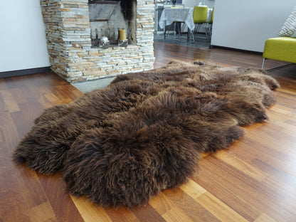 Brown Sheepskin Rug Made from 4 Genuine Sheepskins, Large Natural Wool Throw, 200 x 110 cm, Cozy Rustic Home Decor, Fireplace or Sofa Rug