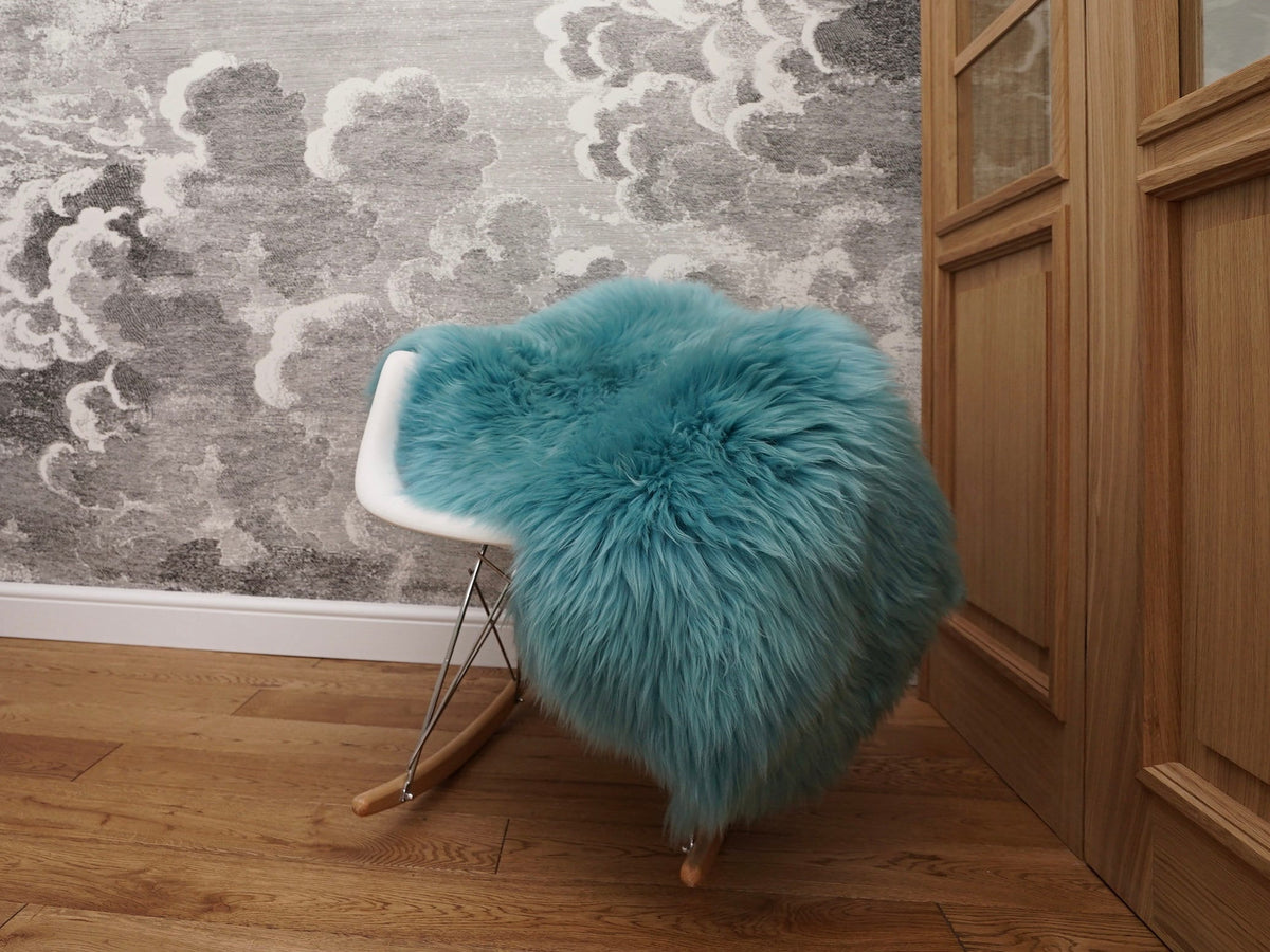 SHEEPSKIN Light Blue Aqua color Throw Genuine leather wool carpet Dyed Decorative rug  light blue comfy, cozy, hair is very thick, shiny !