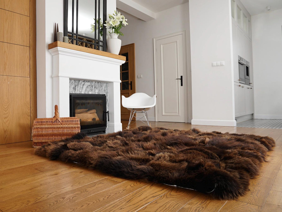 Natural Brown Sheepskin Rug 80 x 65 in, Genuine Long Wool Patchwork Area Rug, Large Sheep Skin Throw for Sofa, Chair or Floor Decor