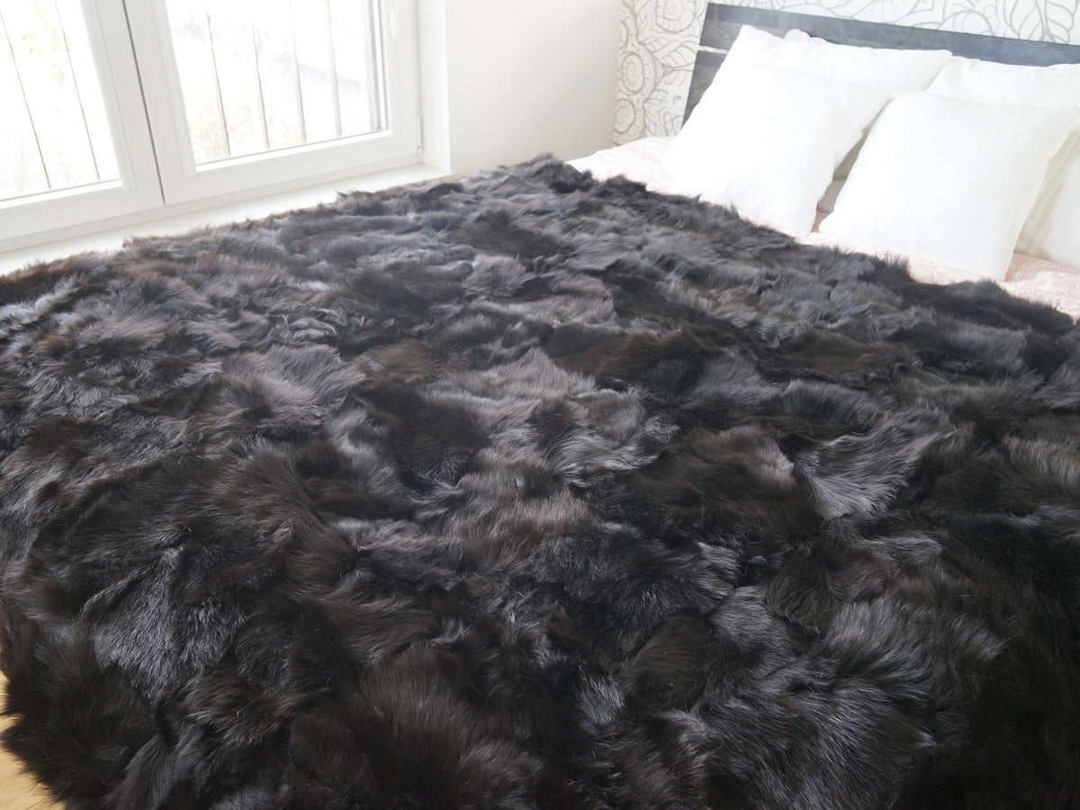 Genuine Toscana Lamb Sheepskin Throw Blanket Rug Black  Bed Spread Sofa Throw Rug Black Rug Large Rug