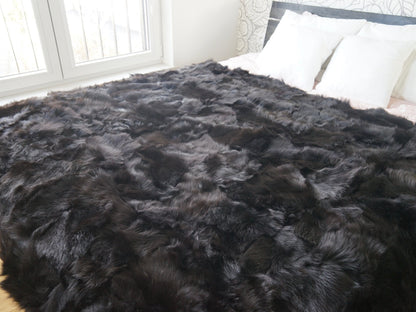 Genuine Toscana Lamb Sheepskin Throw Blanket Rug Black  Bed Spread Sofa Throw Rug Black Rug Large Rug