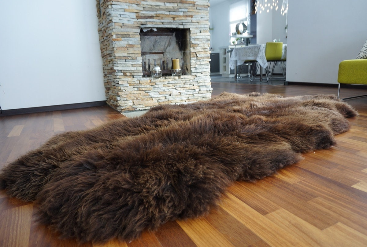 Brown Sheepskin Rug Made from 4 Genuine Sheepskins, Large Natural Wool Throw, 200 x 110 cm, Cozy Rustic Home Decor, Fireplace or Sofa Rug