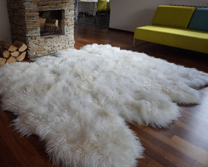 Oversized Eight Genuine White Sheepskin Rug Made from 8 Skins, 82 x 86 in, Natural Thick Wool, Ivory Cream Leather Area Rug Throw