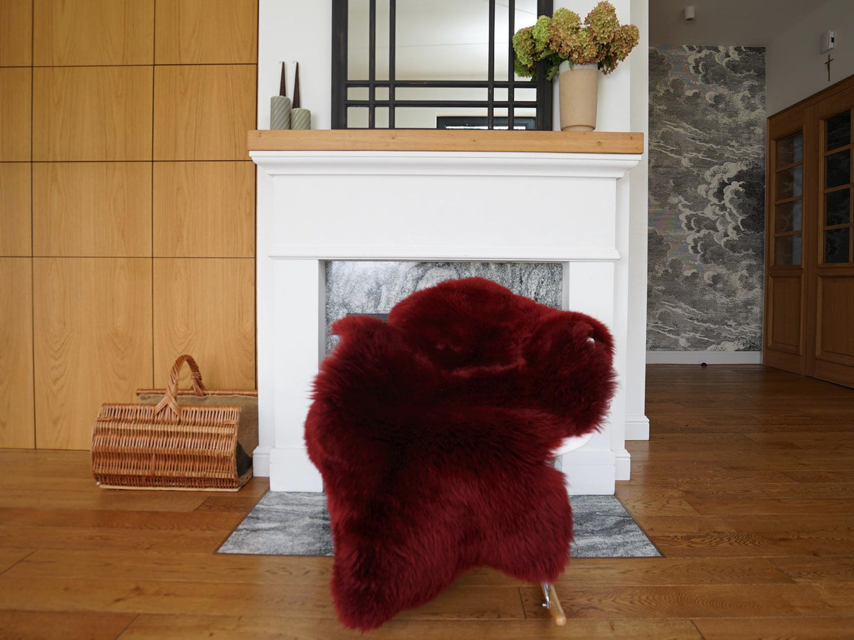 Burgundy Genuine Sheepskin Rug, Soft Wool Throw with Leather Backing, 50 x 30 in