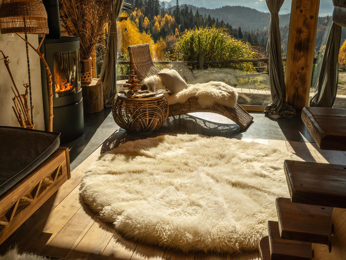 Natural Round Creamy White Sheepskin Rug, 74-Inch Wool Carpet Made from 8 Full-Size Hides