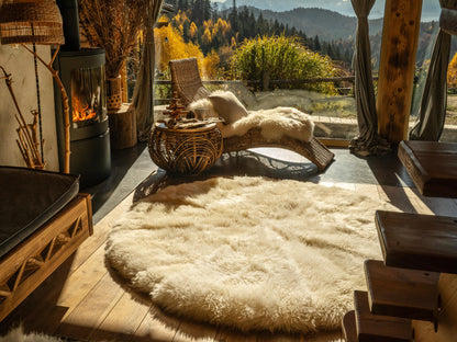 Natural Round Creamy White Sheepskin Rug, 74-Inch Wool Carpet Made from 8 Full-Size Hides