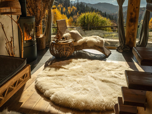 Natural Round Creamy White Sheepskin Rug, 74-Inch Wool Carpet Made from 8 Full-Size Hides