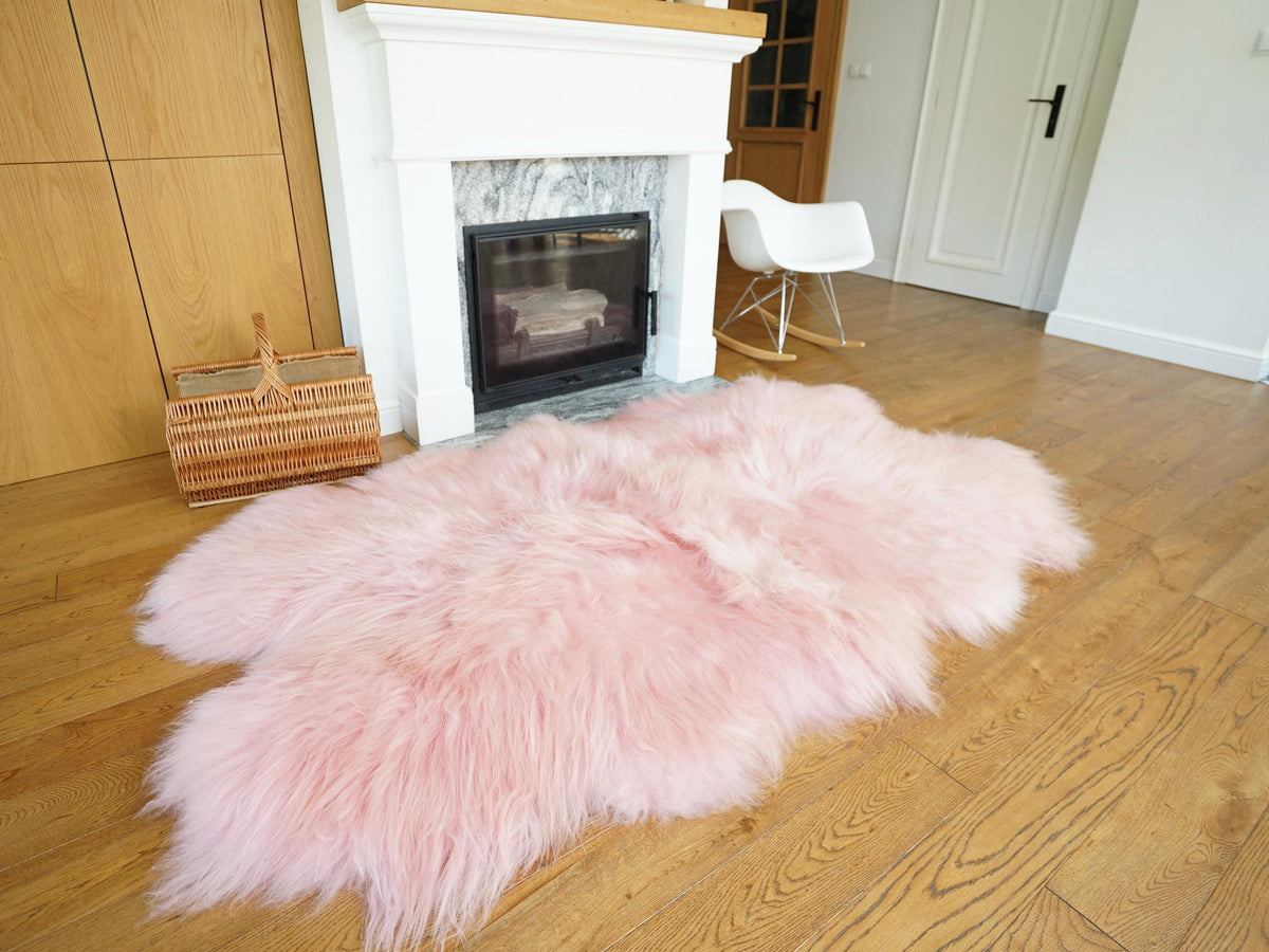 GIANT RUG FOUR sheepskin Pink Throw Genuine leather Sheep Skin Decorative rug Pink comfy, cozy, Natural very thick!