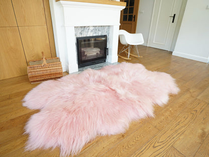 GIANT RUG FOUR sheepskin Pink Throw Genuine leather Sheep Skin Decorative rug Pink comfy, cozy, Natural very thick!