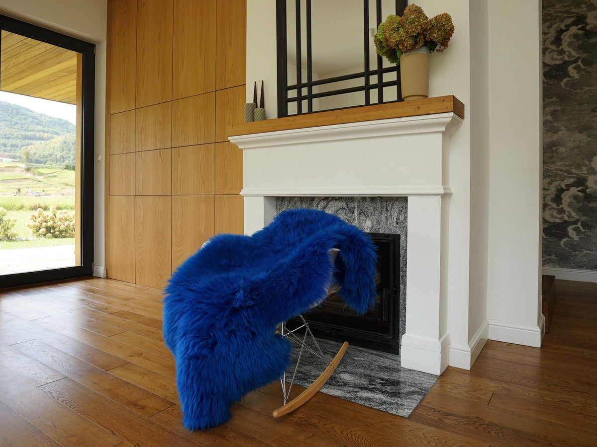 Navy Blue Genuine Sheepskin Rug, Natural Wool and Leather Throw, Soft Plush Hide, 50 x 28 Inches