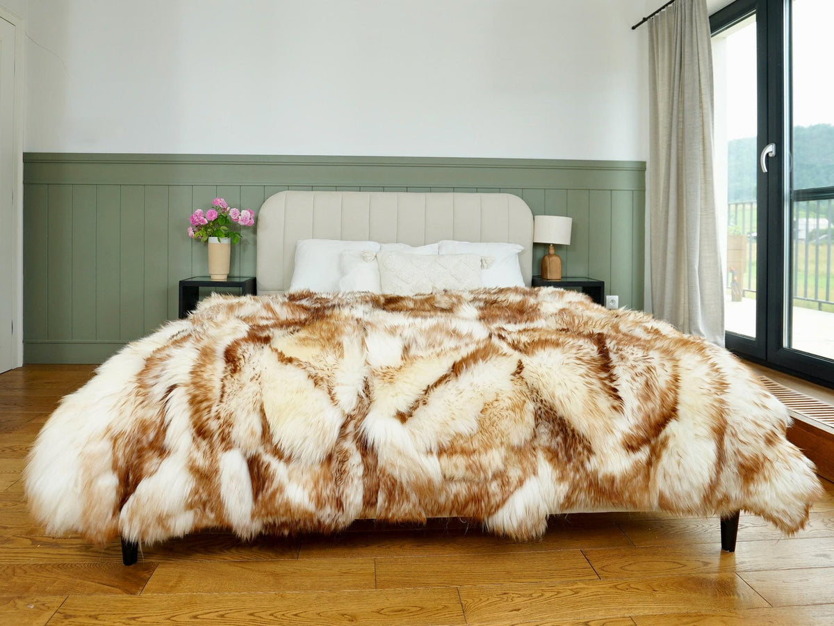 Natural Patchwork Sheepskin Rug, White Brown Mouflon Leather Wool Carpet, Cozy Throw (5.2'x6.5')